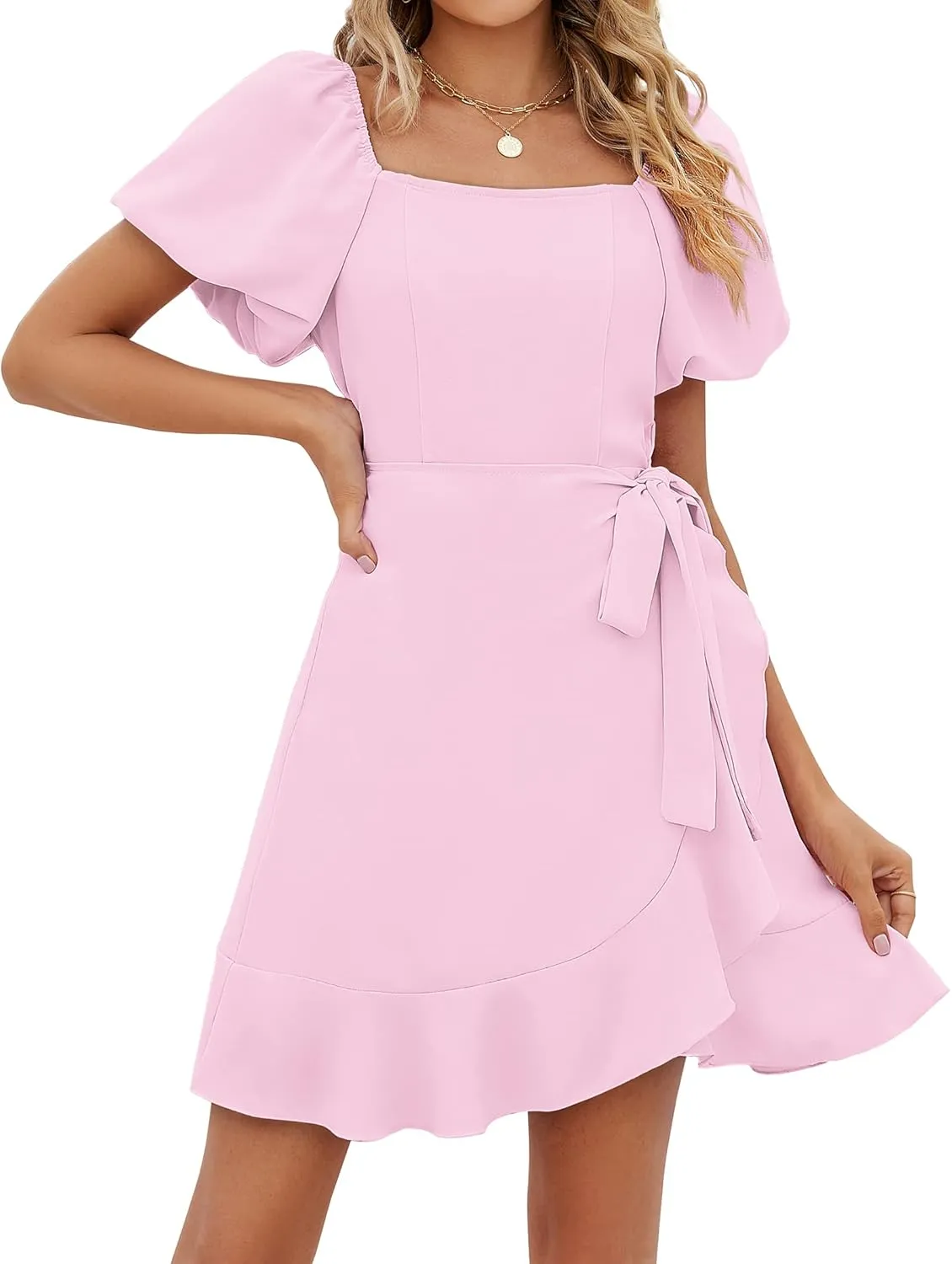 SAMPEEL Womens Summer Dresses Square Neck Puff Sleeve Tie Waist Short Dress
