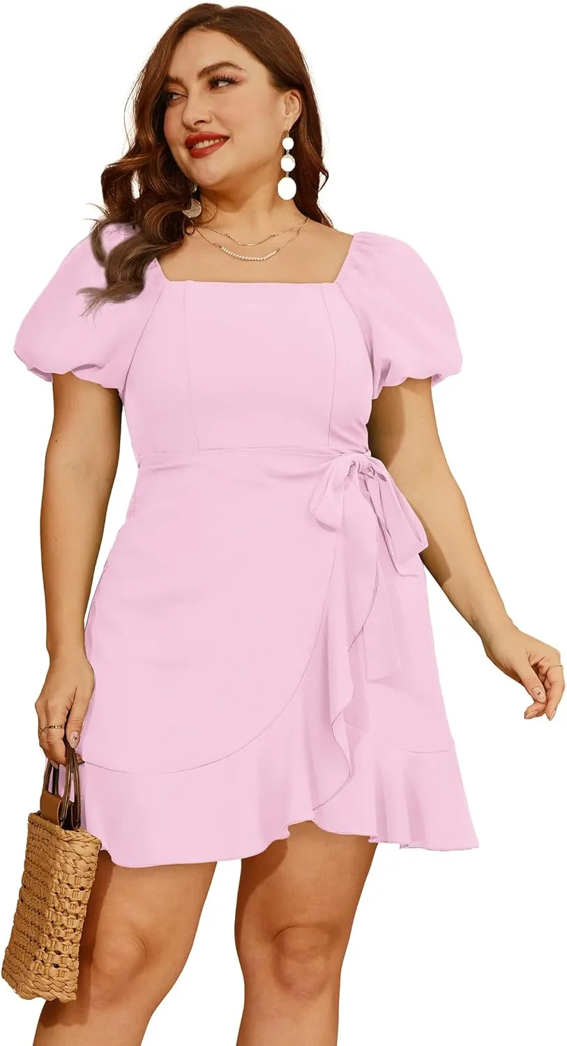SAMPEEL Womens Summer Dresses Square Neck Puff Sleeve Tie Waist Short Dress