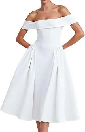 Satin Off The Shoulder Formal Midi Dress for Women A Line Ruched Tea Length Prom Party Womens Midi Casual Dresses