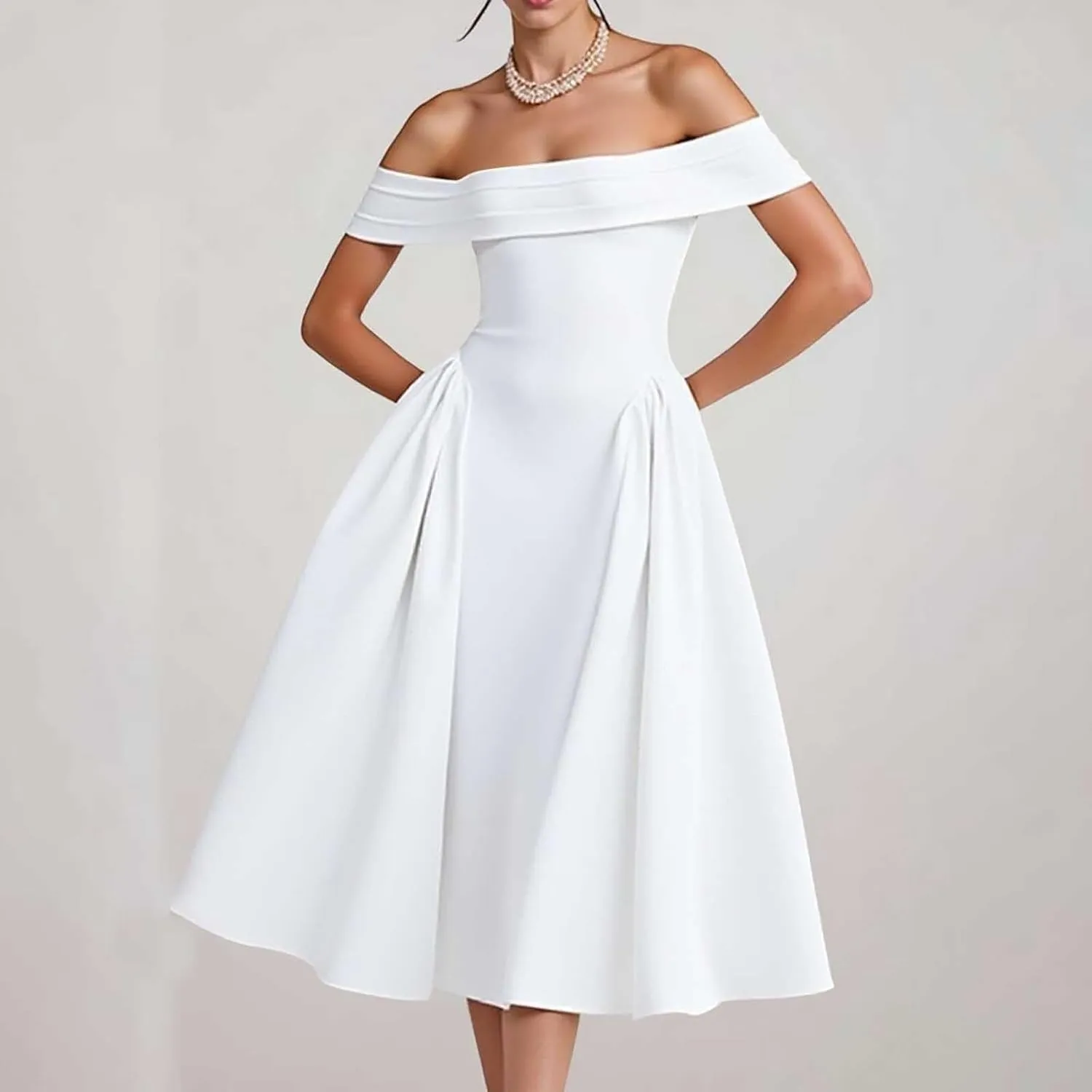Satin Off The Shoulder Formal Midi Dress for Women A Line Ruched Tea Length Prom Party Womens Midi Casual Dresses
