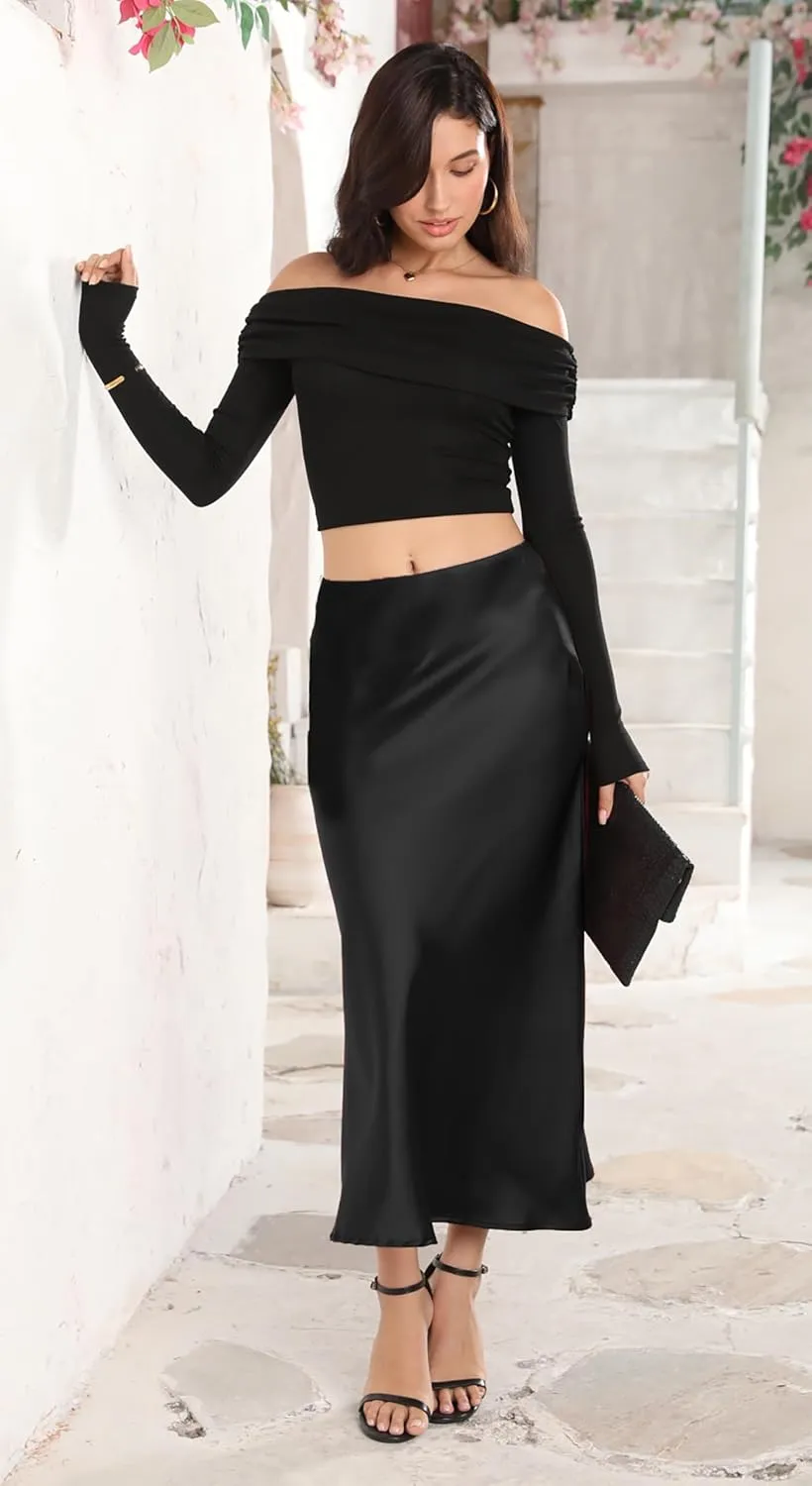 Satin Skirt High Waist Mid Elegant Silk Skirts for Women
