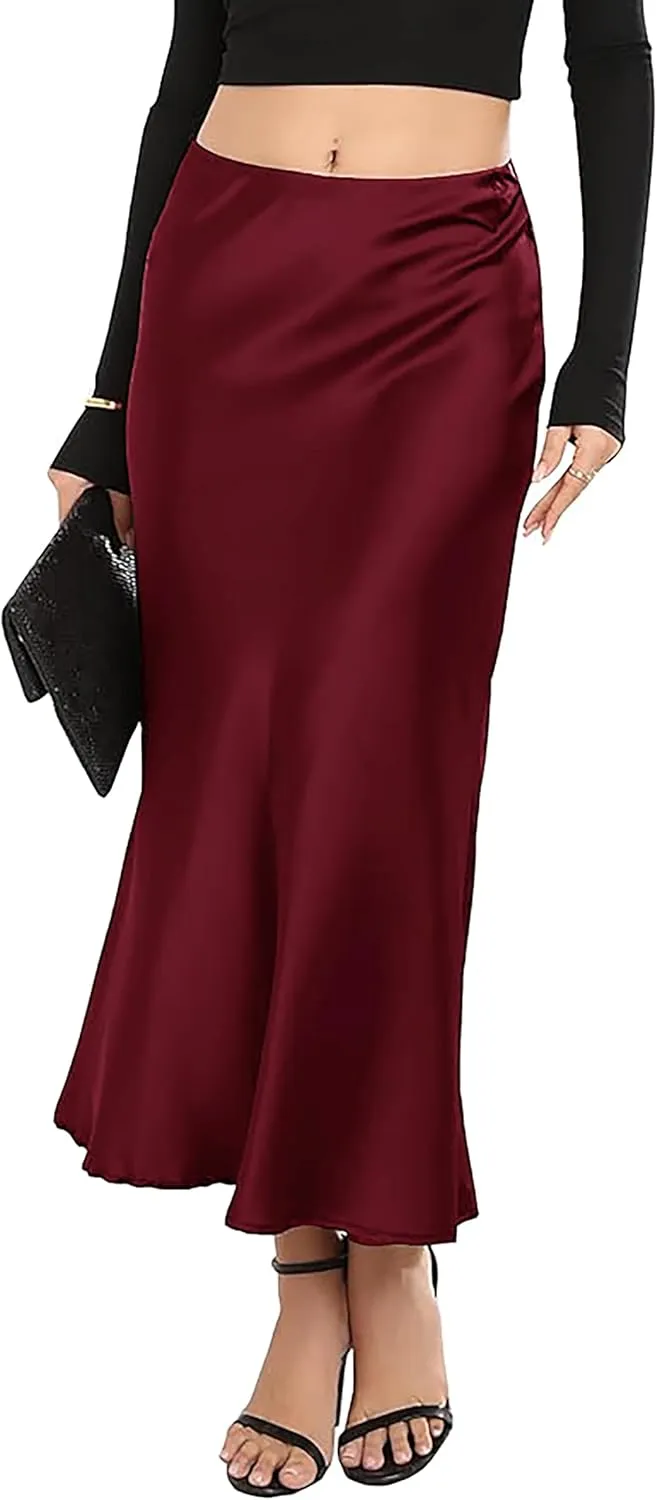 Satin Skirt High Waist Mid Elegant Silk Skirts for Women
