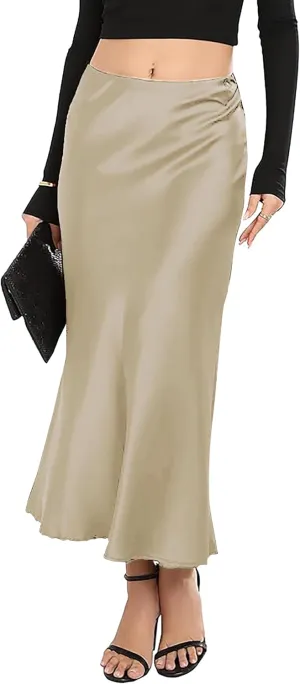 Satin Skirt High Waist Mid Elegant Silk Skirts for Women