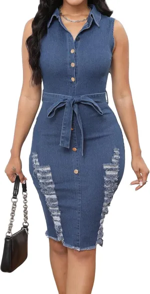 SeNight Women's Denim Dress Sexy V Neck Bodycon Mini Dresses