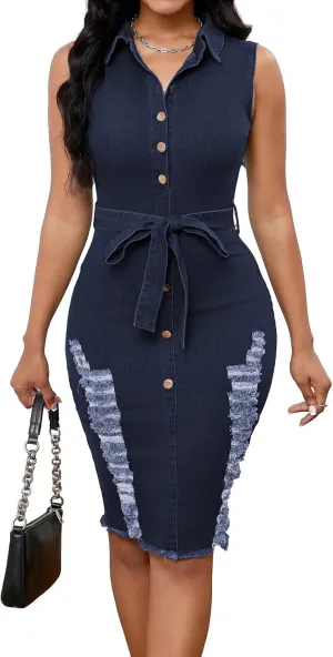 SeNight Women's Denim Dress Sexy V Neck Bodycon Mini Dresses
