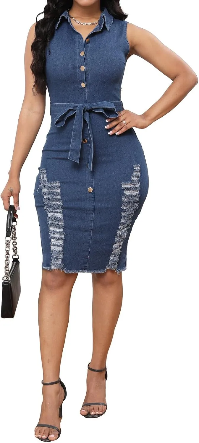 SeNight Women's Denim Dress Sexy V Neck Bodycon Mini Dresses