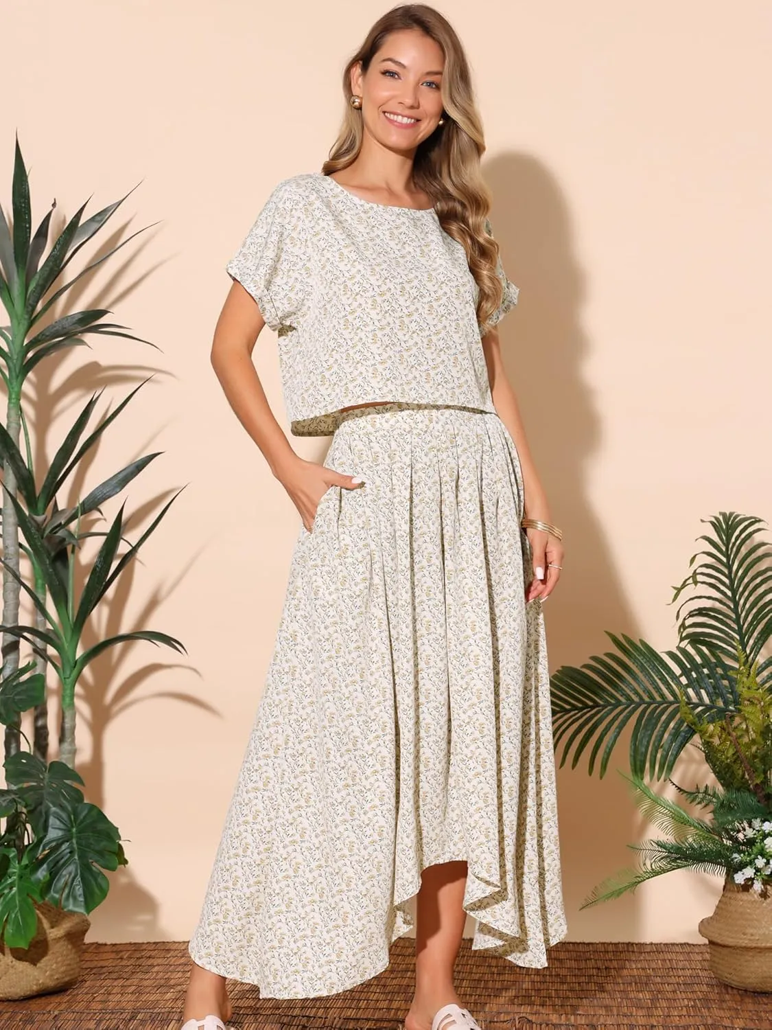 Seta T Women's 2 Piece Summer Outfits Casual Floral Dress Crewneck Tops and Pleated Maxi Skirt Dress Sets