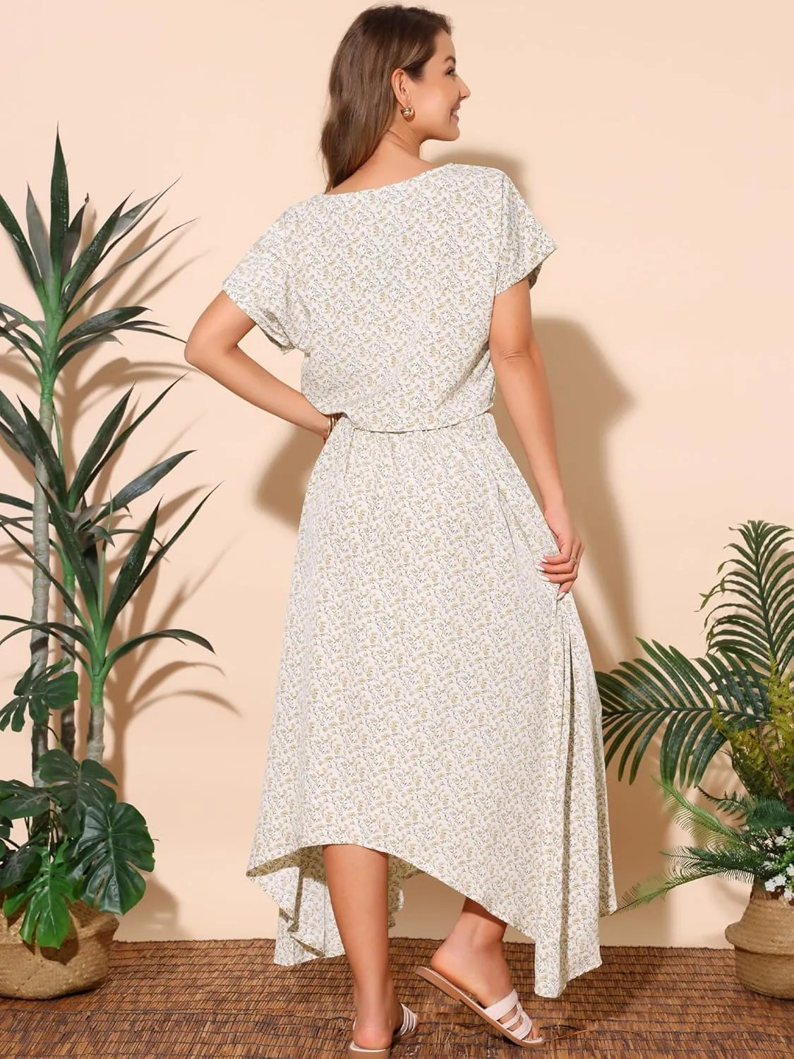 Seta T Women's 2 Piece Summer Outfits Casual Floral Dress Crewneck Tops and Pleated Maxi Skirt Dress Sets