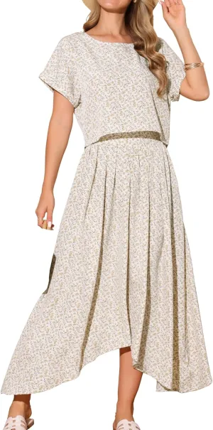 Seta T Women's 2 Piece Summer Outfits Casual Floral Dress Crewneck Tops and Pleated Maxi Skirt Dress Sets