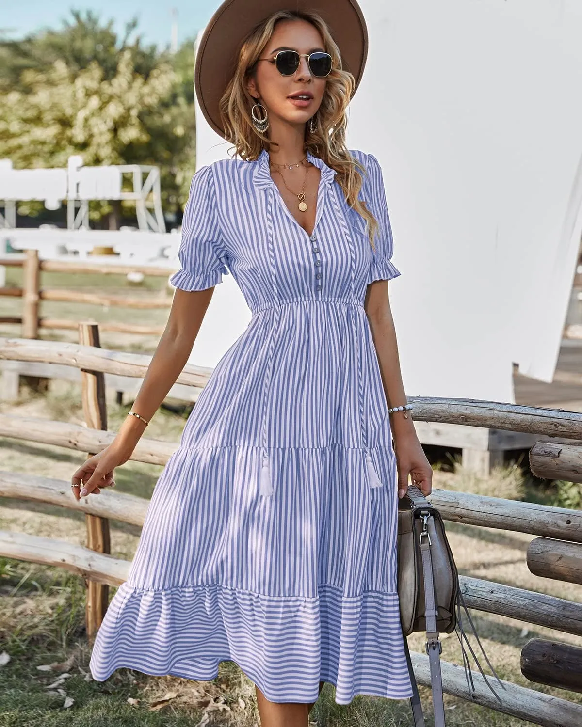 Sexyasasii Women's Summer Ruffle Puff Sleeve Dress Short Sleeve V Neck High Waist Casual Loose Striped Midi Dresses