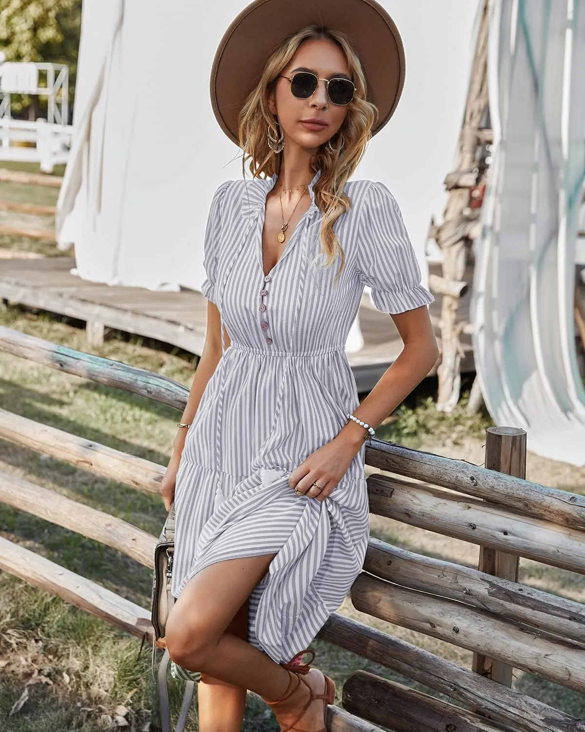 Sexyasasii Women's Summer Ruffle Puff Sleeve Dress Short Sleeve V Neck High Waist Casual Loose Striped Midi Dresses