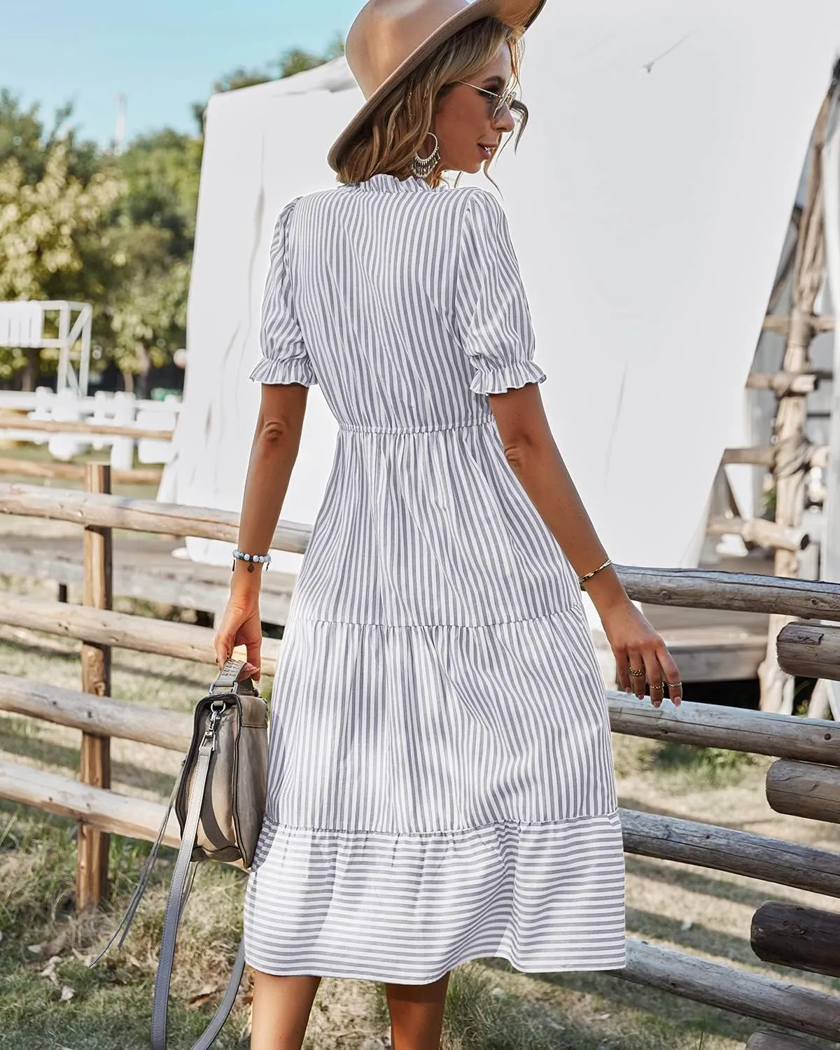 Sexyasasii Women's Summer Ruffle Puff Sleeve Dress Short Sleeve V Neck High Waist Casual Loose Striped Midi Dresses
