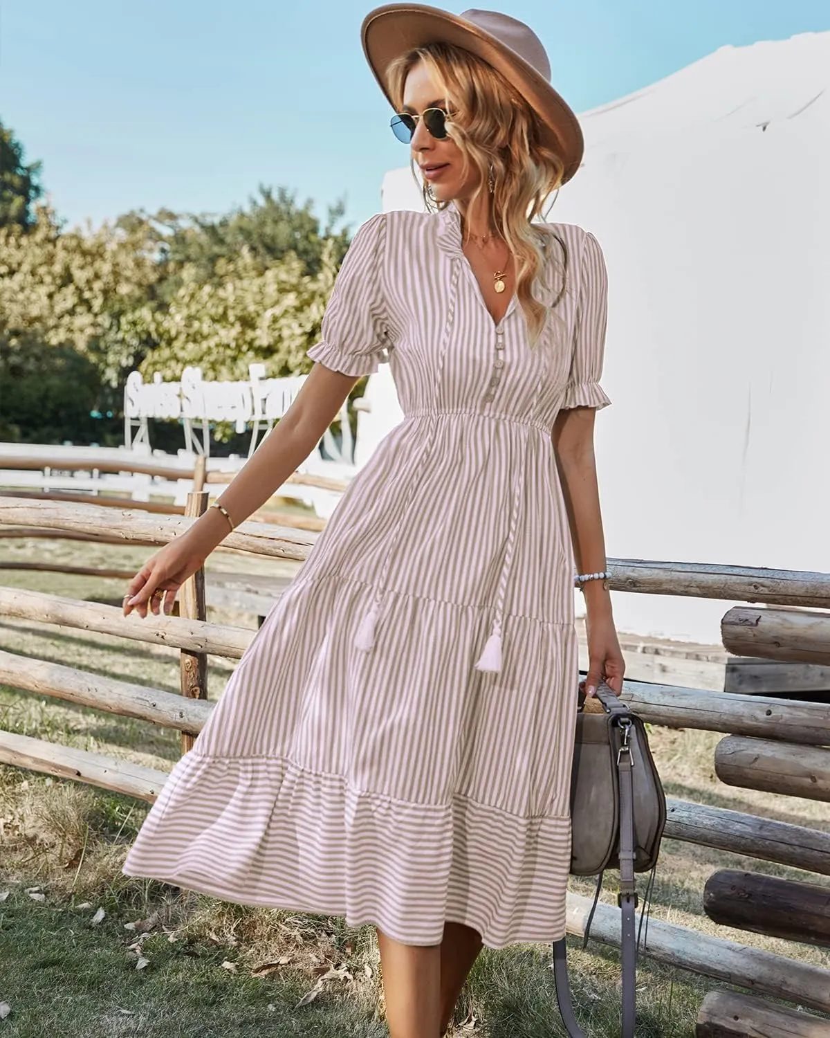 Sexyasasii Women's Summer Ruffle Puff Sleeve Dress Short Sleeve V Neck High Waist Casual Loose Striped Midi Dresses