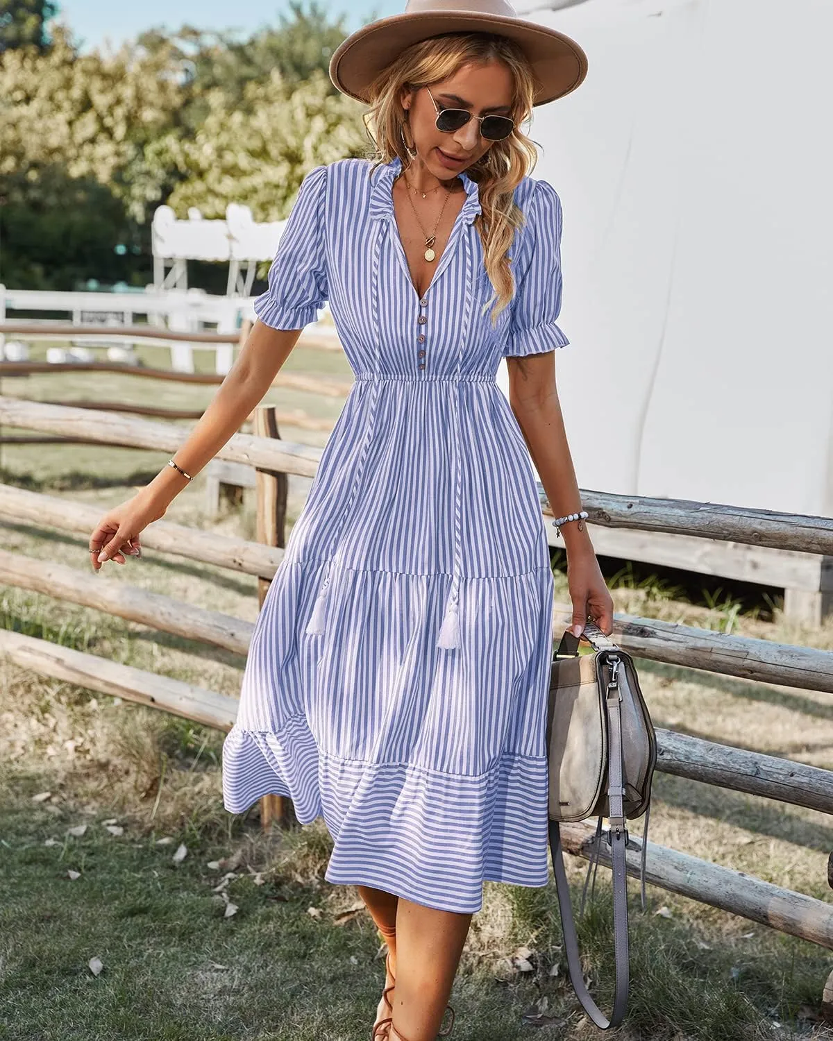 Sexyasasii Women's Summer Ruffle Puff Sleeve Dress Short Sleeve V Neck High Waist Casual Loose Striped Midi Dresses