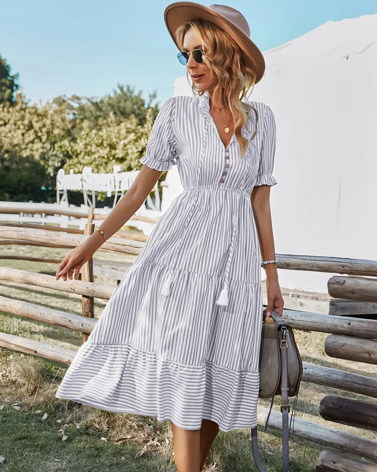 Sexyasasii Women's Summer Ruffle Puff Sleeve Dress Short Sleeve V Neck High Waist Casual Loose Striped Midi Dresses