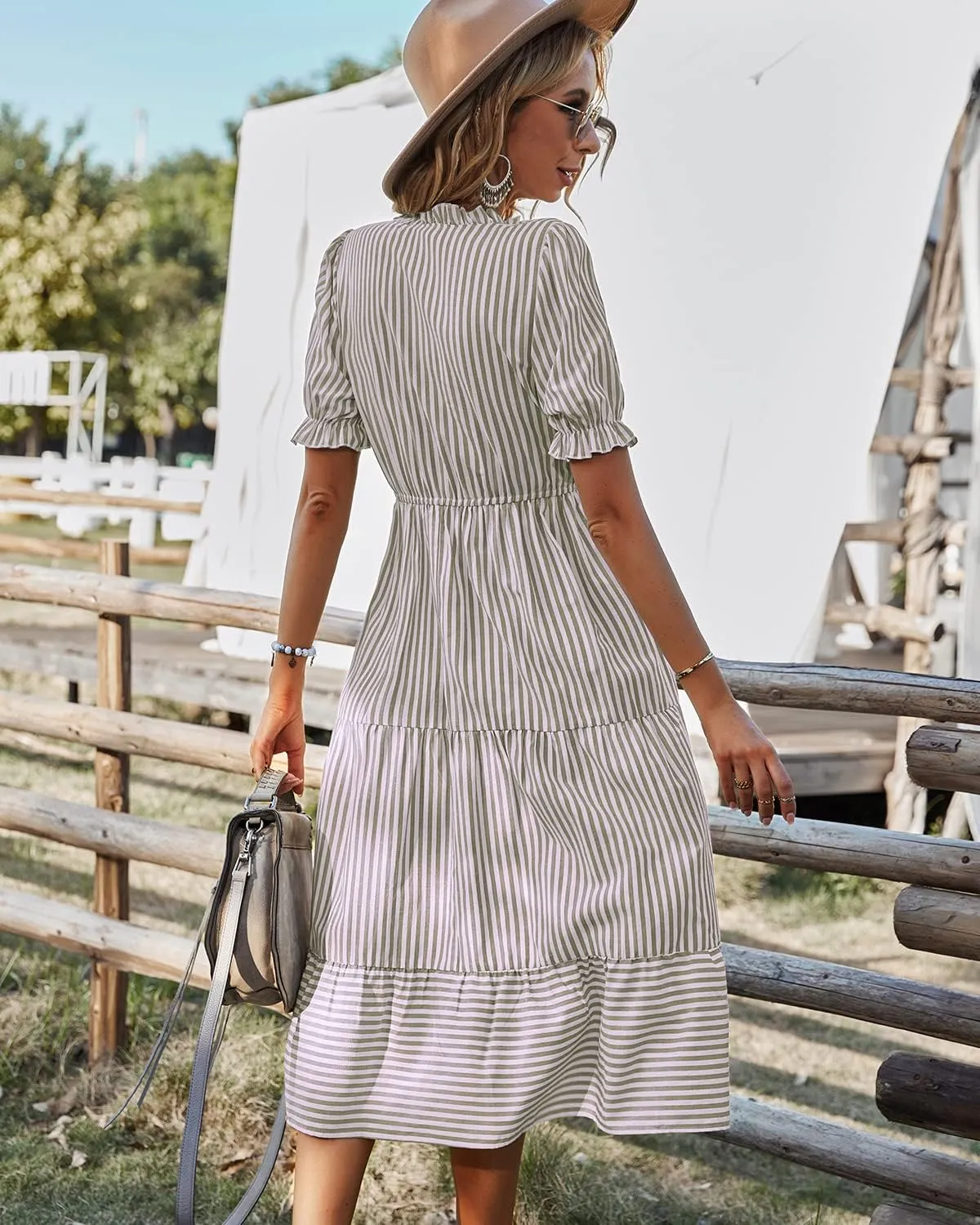 Sexyasasii Women's Summer Ruffle Puff Sleeve Dress Short Sleeve V Neck High Waist Casual Loose Striped Midi Dresses