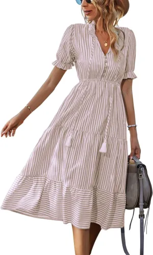 Sexyasasii Women's Summer Ruffle Puff Sleeve Dress Short Sleeve V Neck High Waist Casual Loose Striped Midi Dresses