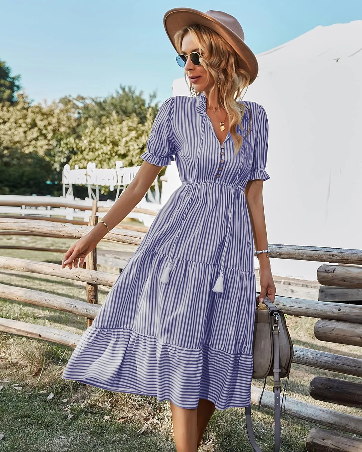 Sexyasasii Women's Summer Ruffle Puff Sleeve Dress Short Sleeve V Neck High Waist Casual Loose Striped Midi Dresses