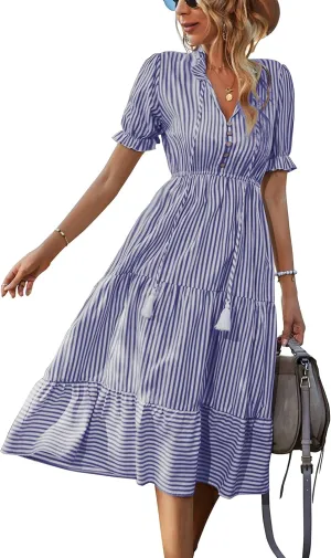 Sexyasasii Women's Summer Ruffle Puff Sleeve Dress Short Sleeve V Neck High Waist Casual Loose Striped Midi Dresses