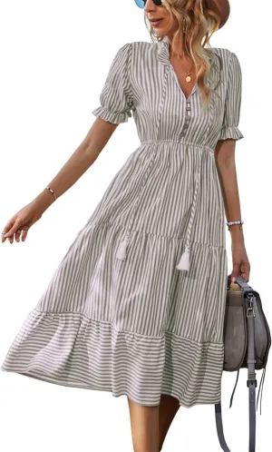 Sexyasasii Women's Summer Ruffle Puff Sleeve Dress Short Sleeve V Neck High Waist Casual Loose Striped Midi Dresses