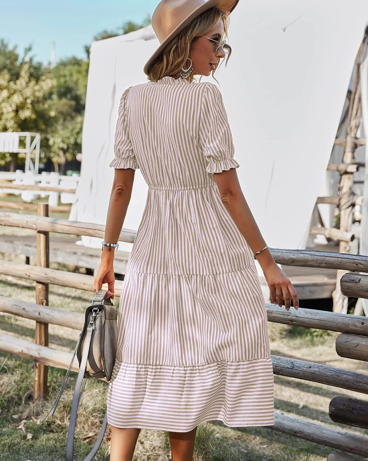 Sexyasasii Women's Summer Ruffle Puff Sleeve Dress Short Sleeve V Neck High Waist Casual Loose Striped Midi Dresses