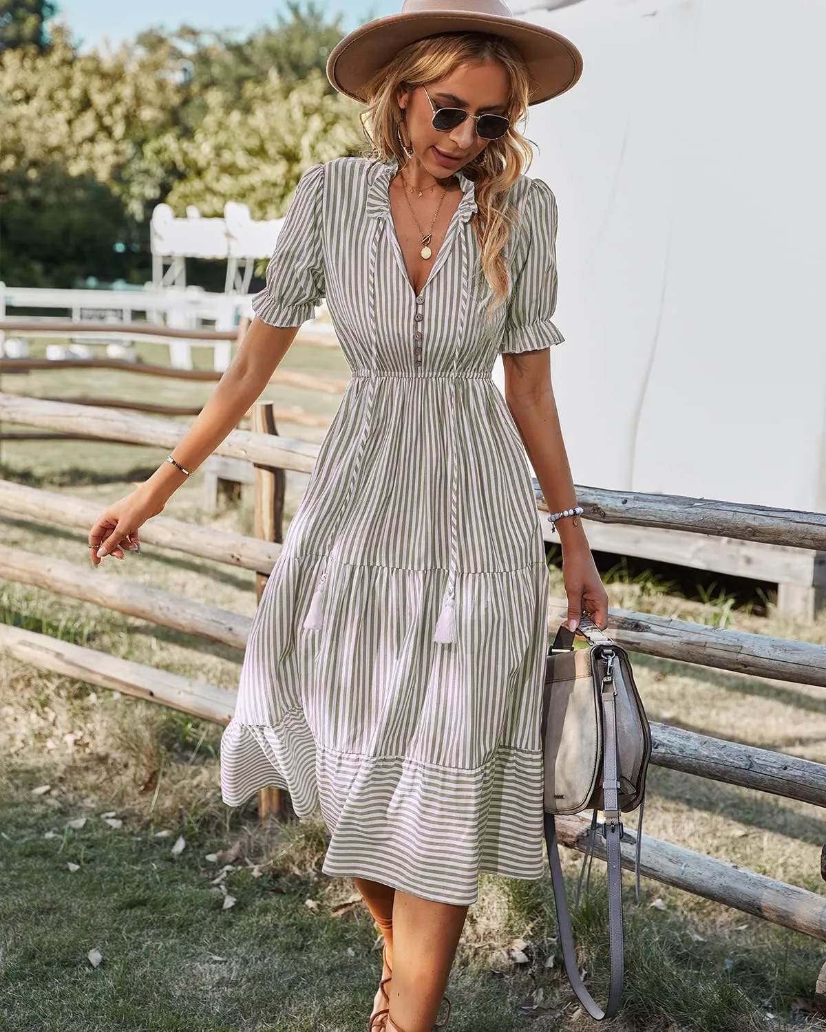 Sexyasasii Women's Summer Ruffle Puff Sleeve Dress Short Sleeve V Neck High Waist Casual Loose Striped Midi Dresses