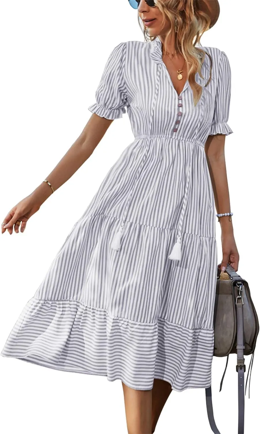 Sexyasasii Women's Summer Ruffle Puff Sleeve Dress Short Sleeve V Neck High Waist Casual Loose Striped Midi Dresses