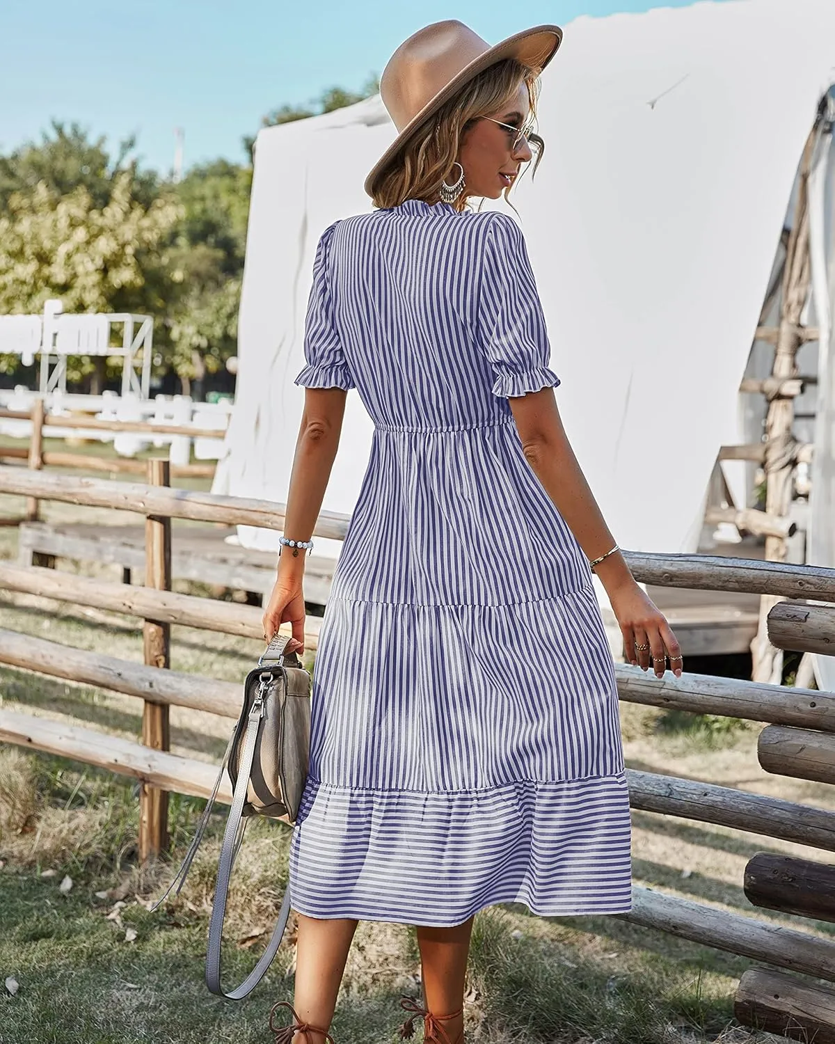 Sexyasasii Women's Summer Ruffle Puff Sleeve Dress Short Sleeve V Neck High Waist Casual Loose Striped Midi Dresses