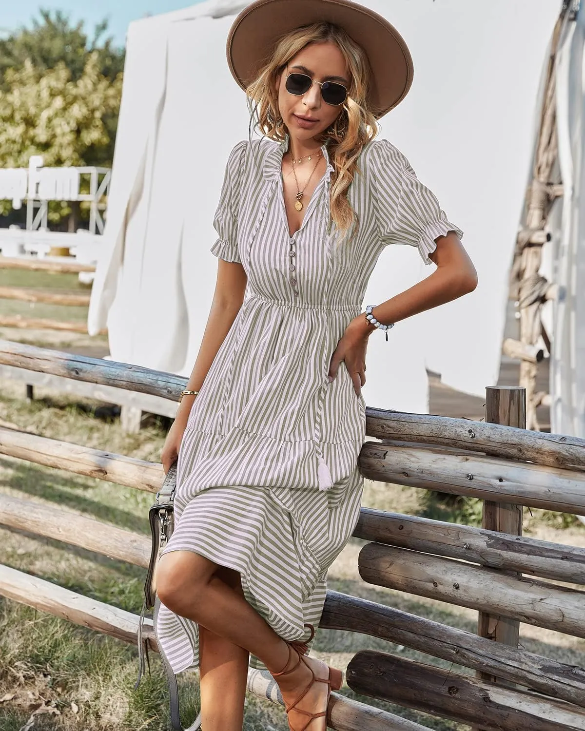 Sexyasasii Women's Summer Ruffle Puff Sleeve Dress Short Sleeve V Neck High Waist Casual Loose Striped Midi Dresses