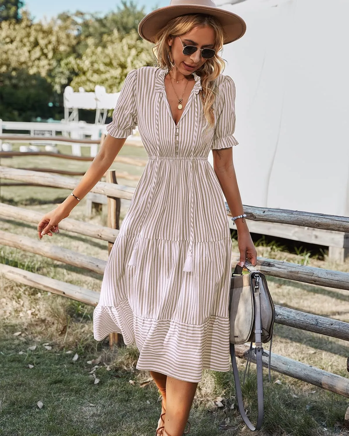 Sexyasasii Women's Summer Ruffle Puff Sleeve Dress Short Sleeve V Neck High Waist Casual Loose Striped Midi Dresses