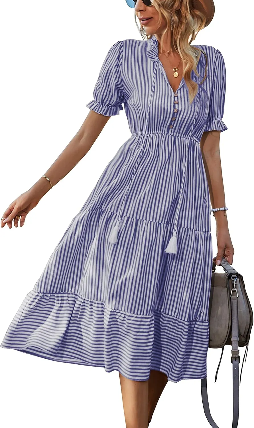 Sexyasasii Women's Summer Ruffle Puff Sleeve Dress Short Sleeve V Neck High Waist Casual Loose Striped Midi Dresses