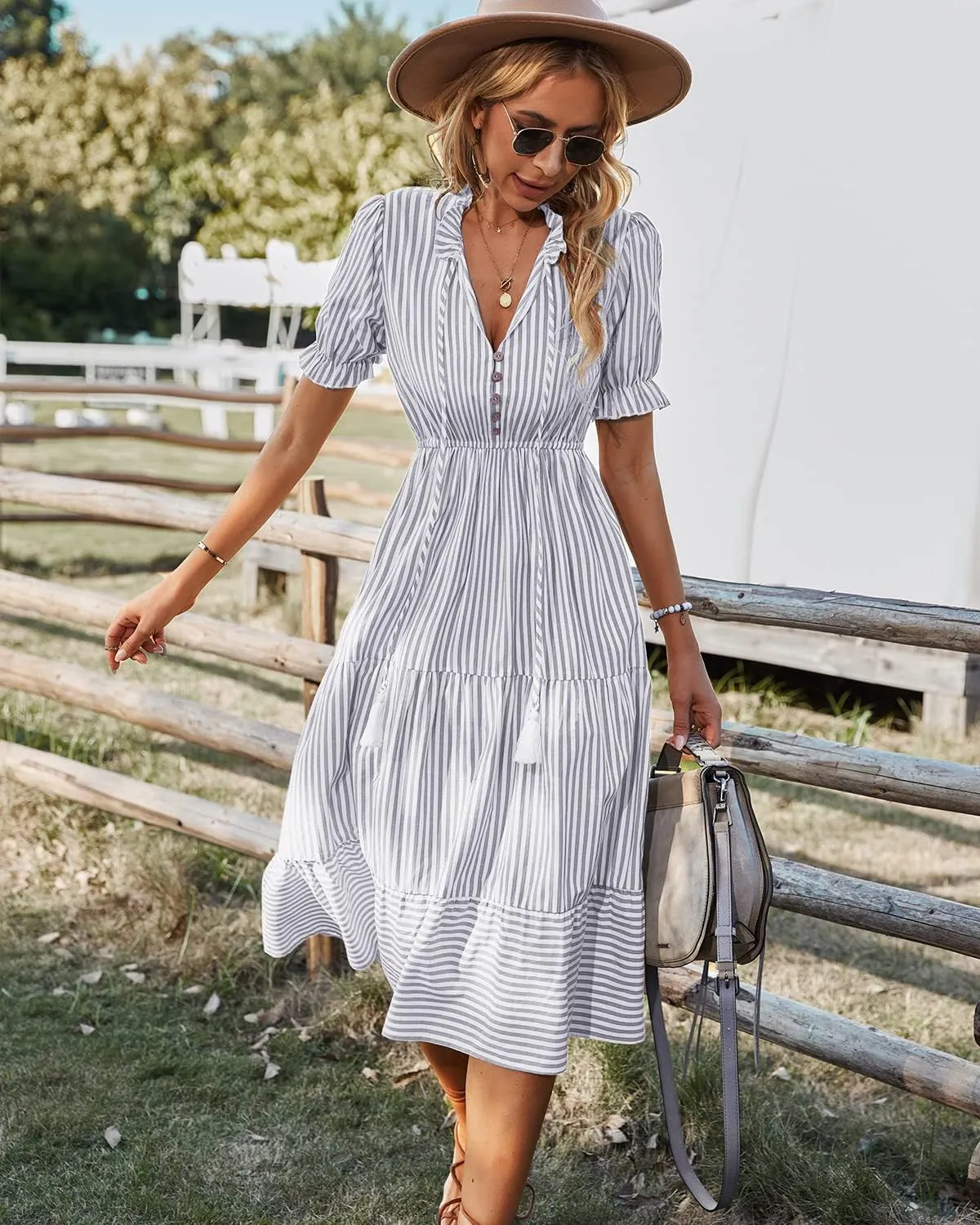 Sexyasasii Women's Summer Ruffle Puff Sleeve Dress Short Sleeve V Neck High Waist Casual Loose Striped Midi Dresses