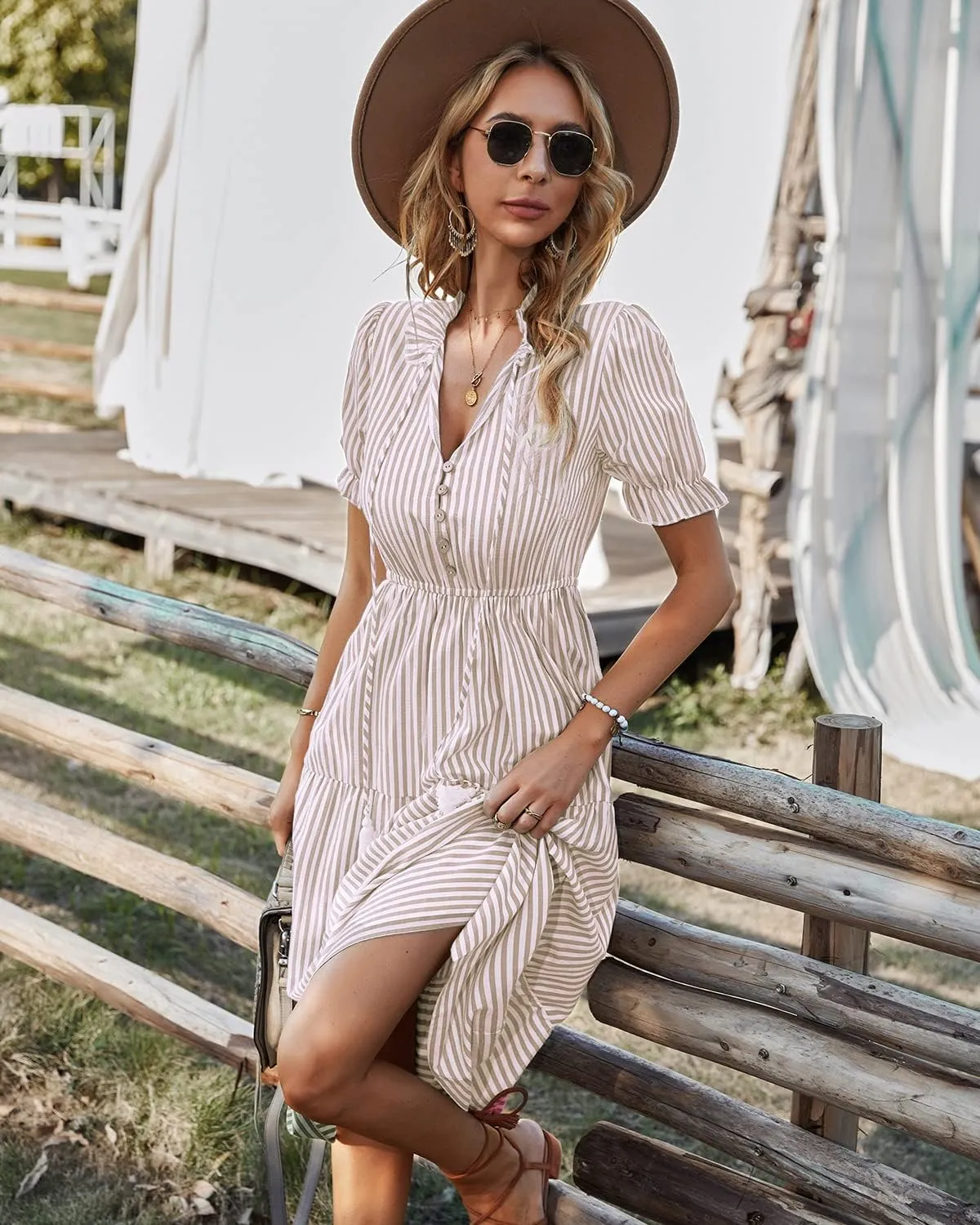 Sexyasasii Women's Summer Ruffle Puff Sleeve Dress Short Sleeve V Neck High Waist Casual Loose Striped Midi Dresses