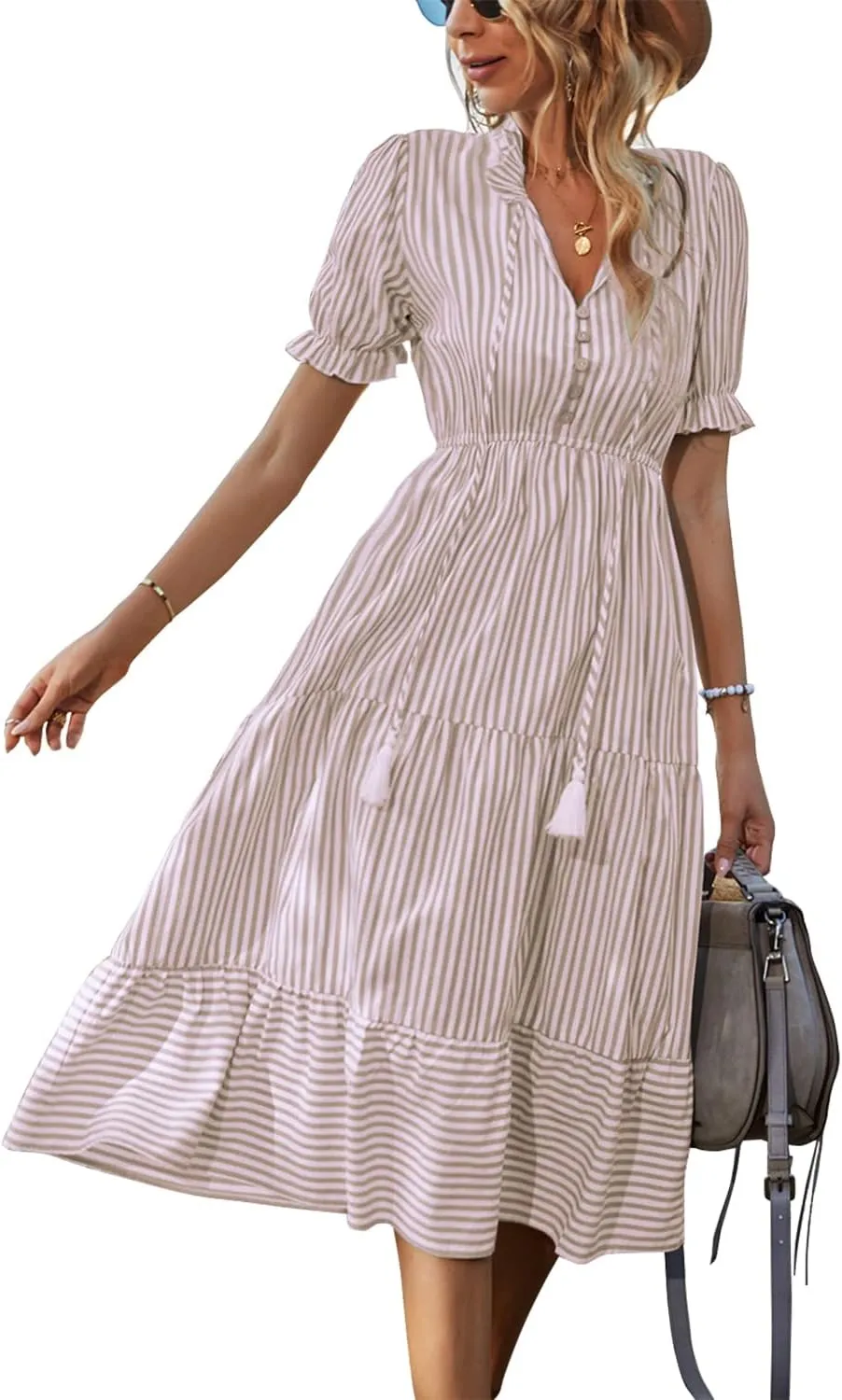 Sexyasasii Women's Summer Ruffle Puff Sleeve Dress Short Sleeve V Neck High Waist Casual Loose Striped Midi Dresses