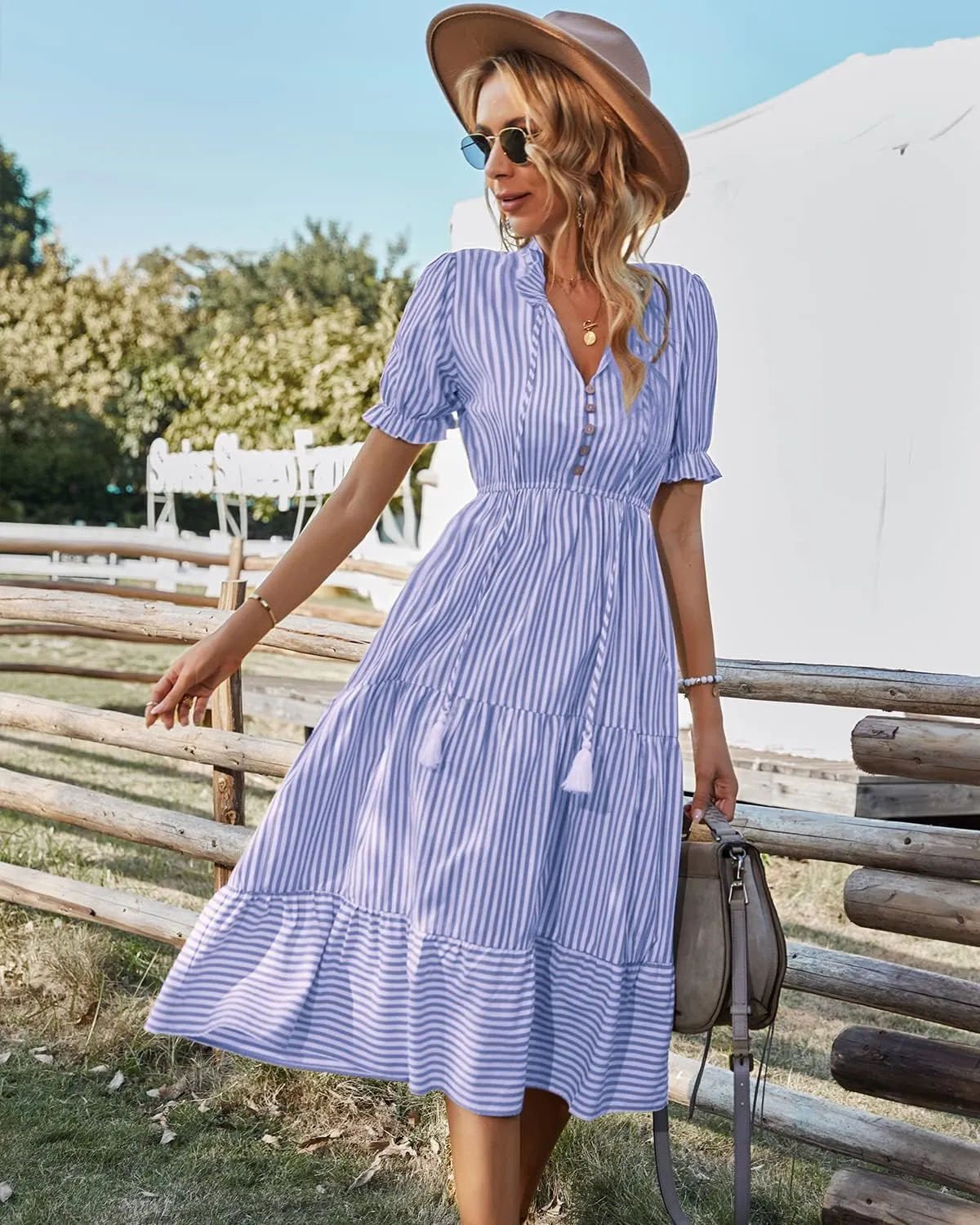 Sexyasasii Women's Summer Ruffle Puff Sleeve Dress Short Sleeve V Neck High Waist Casual Loose Striped Midi Dresses