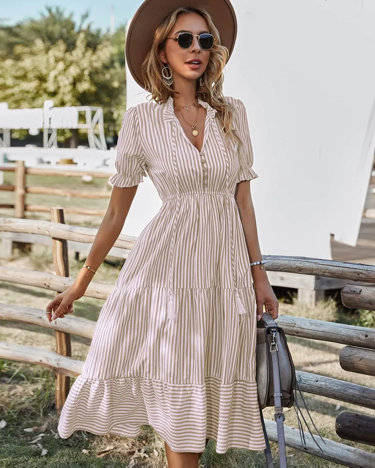 Sexyasasii Women's Summer Ruffle Puff Sleeve Dress Short Sleeve V Neck High Waist Casual Loose Striped Midi Dresses