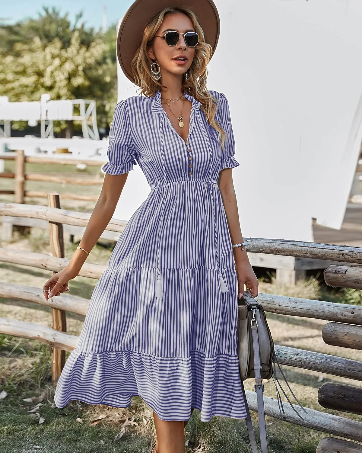 Sexyasasii Women's Summer Ruffle Puff Sleeve Dress Short Sleeve V Neck High Waist Casual Loose Striped Midi Dresses