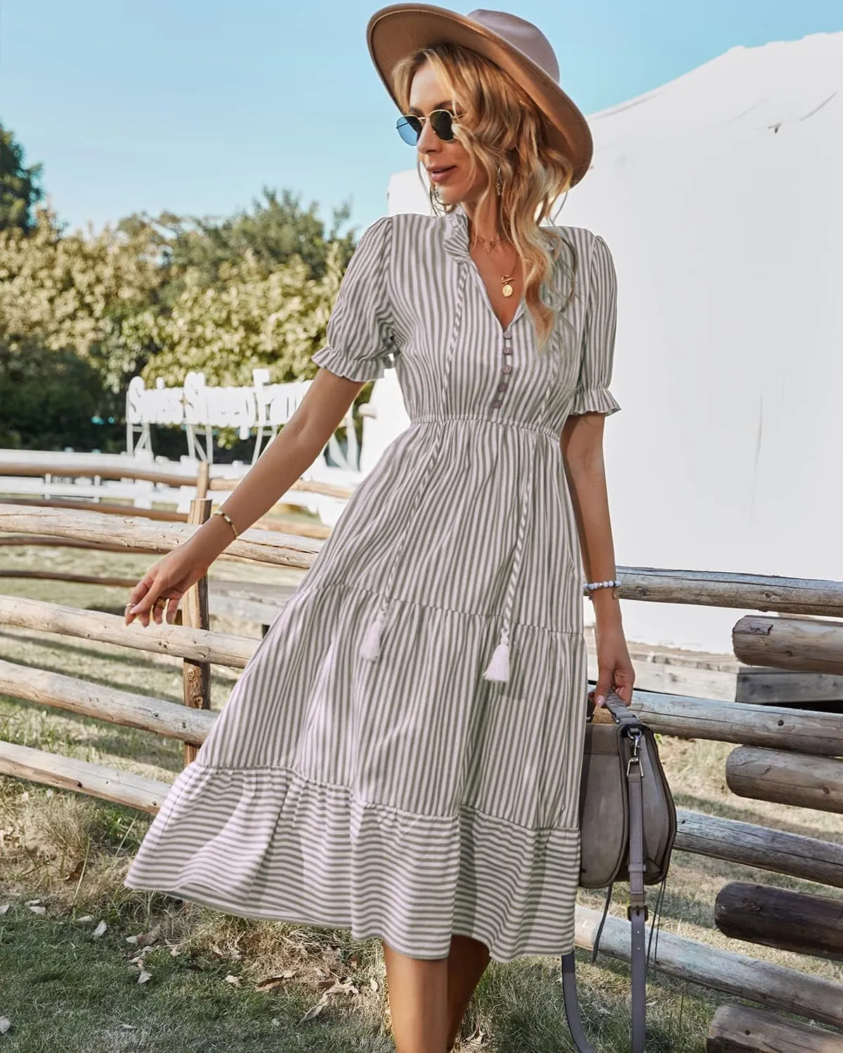 Sexyasasii Women's Summer Ruffle Puff Sleeve Dress Short Sleeve V Neck High Waist Casual Loose Striped Midi Dresses
