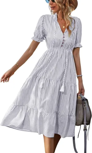 Sexyasasii Women's Summer Ruffle Puff Sleeve Dress Short Sleeve V Neck High Waist Casual Loose Striped Midi Dresses