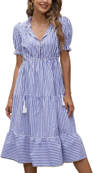 Sexyasasii Women's Summer Ruffle Puff Sleeve Dress Short Sleeve V Neck High Waist Casual Loose Striped Midi Dresses