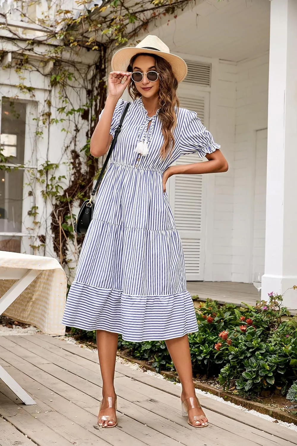 Sexyasasii Women's Summer Ruffle Puff Sleeve Dress Short Sleeve V Neck High Waist Casual Loose Striped Midi Dresses