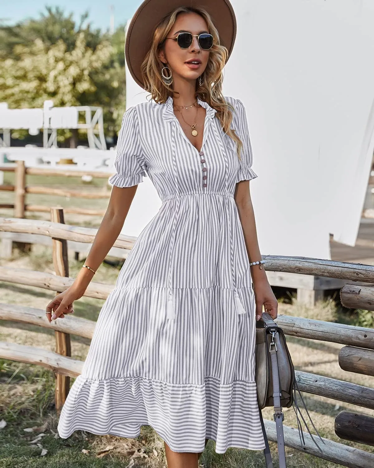 Sexyasasii Women's Summer Ruffle Puff Sleeve Dress Short Sleeve V Neck High Waist Casual Loose Striped Midi Dresses