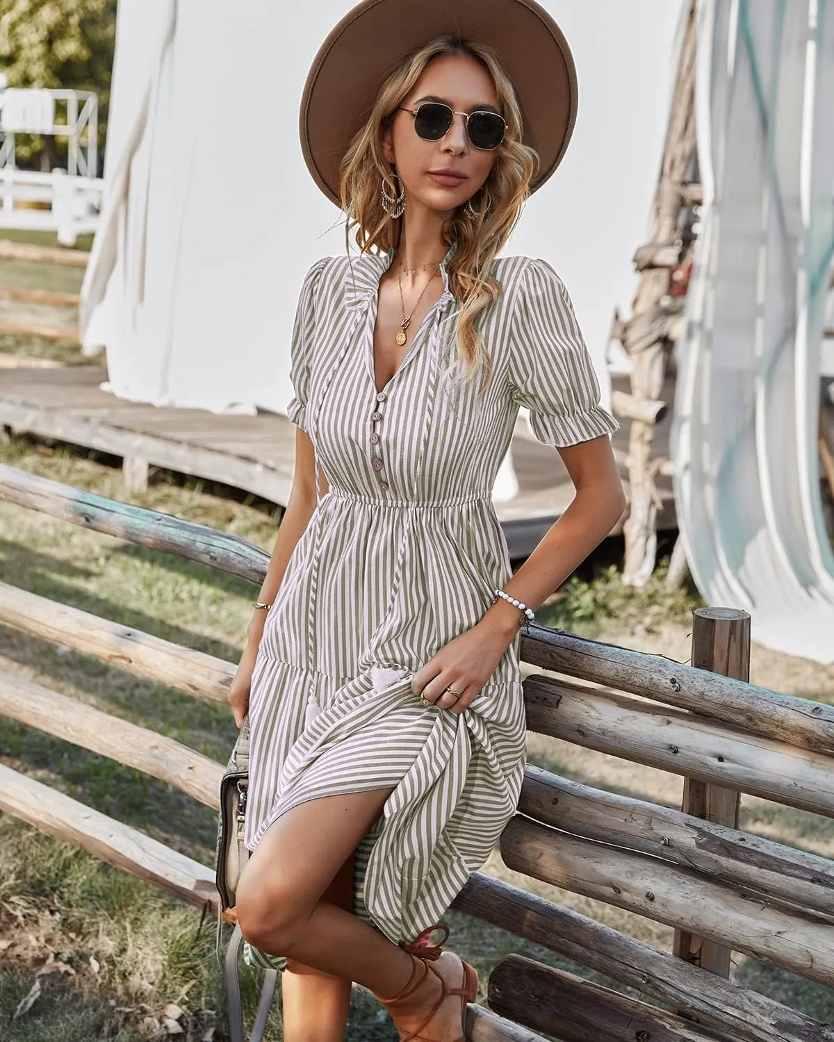 Sexyasasii Women's Summer Ruffle Puff Sleeve Dress Short Sleeve V Neck High Waist Casual Loose Striped Midi Dresses