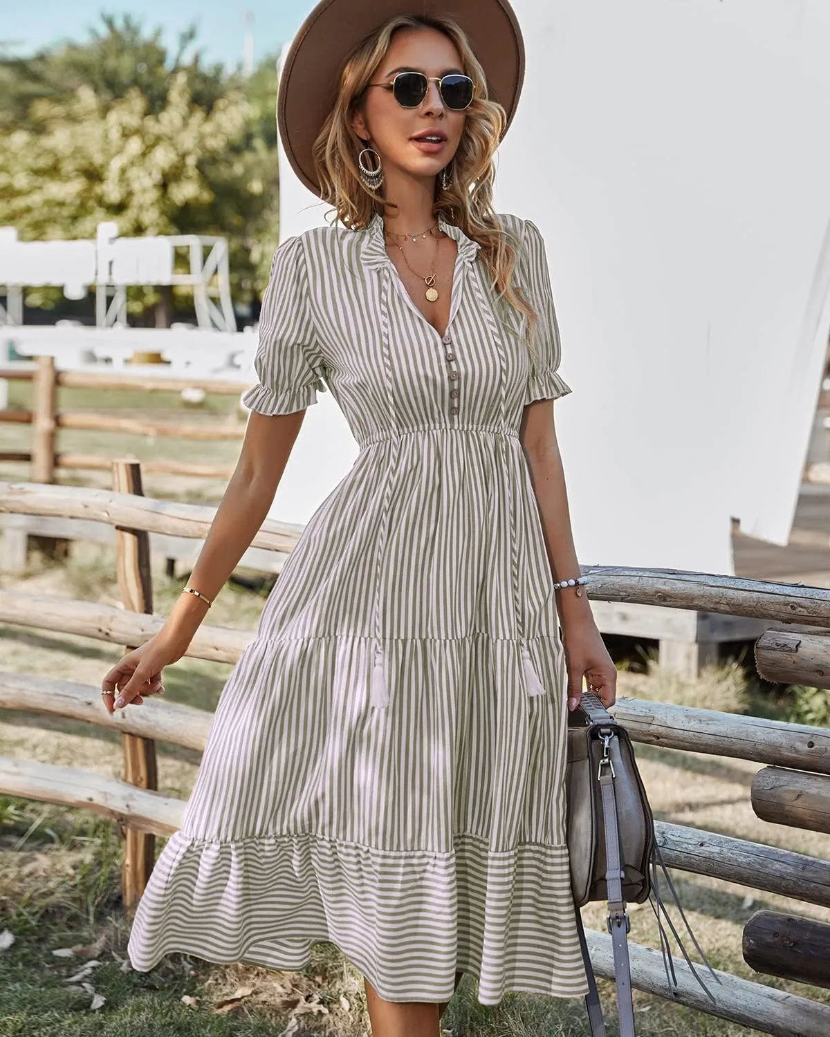 Sexyasasii Women's Summer Ruffle Puff Sleeve Dress Short Sleeve V Neck High Waist Casual Loose Striped Midi Dresses