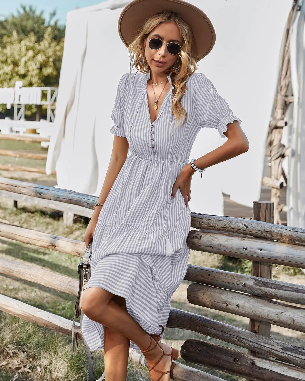 Sexyasasii Women's Summer Ruffle Puff Sleeve Dress Short Sleeve V Neck High Waist Casual Loose Striped Midi Dresses