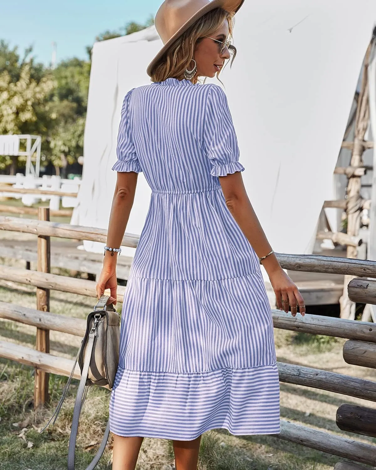 Sexyasasii Women's Summer Ruffle Puff Sleeve Dress Short Sleeve V Neck High Waist Casual Loose Striped Midi Dresses