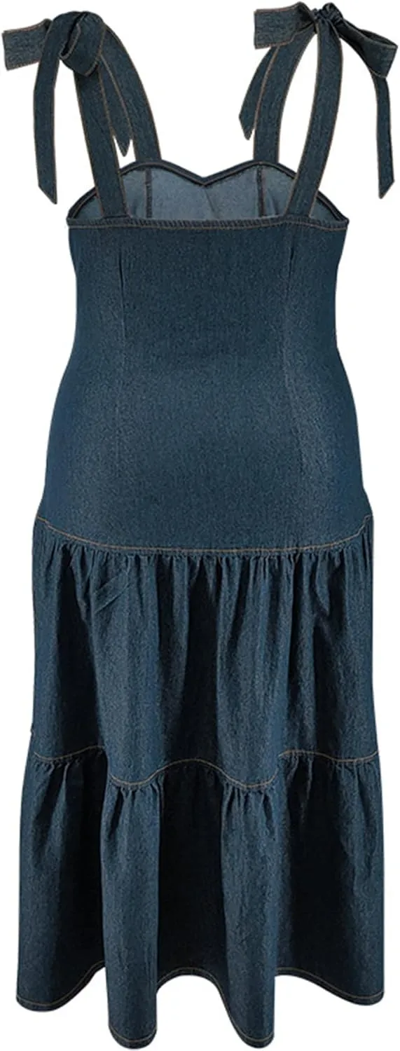 Sexyshine Women's Spaghetti Strap Plus Size Denim Dress Tie Knot Sleeveless A Line Ruffle Layered Maxi Dress Jeans Dresses