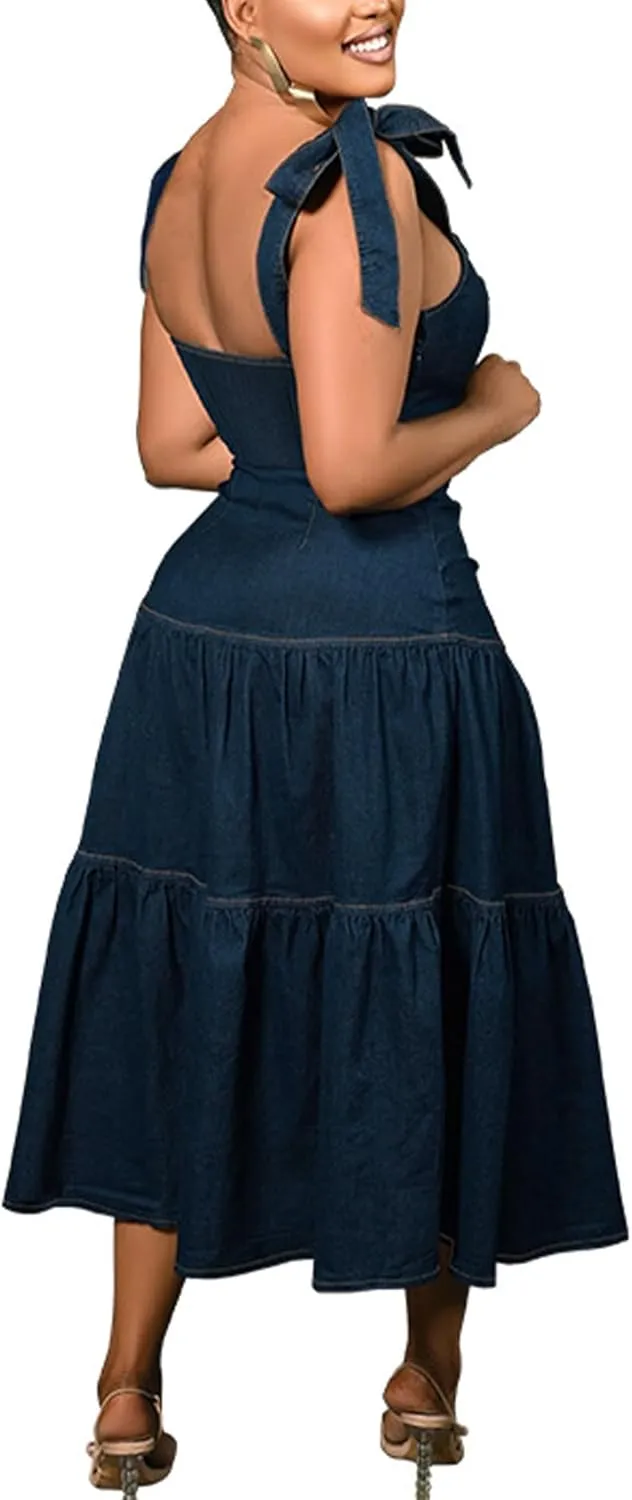 Sexyshine Women's Spaghetti Strap Plus Size Denim Dress Tie Knot Sleeveless A Line Ruffle Layered Maxi Dress Jeans Dresses