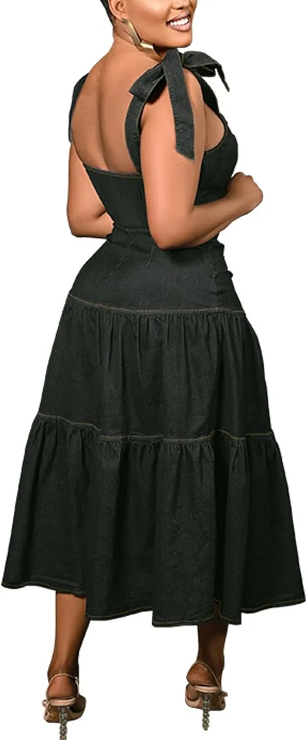 Sexyshine Women's Spaghetti Strap Plus Size Denim Dress Tie Knot Sleeveless A Line Ruffle Layered Maxi Dress Jeans Dresses
