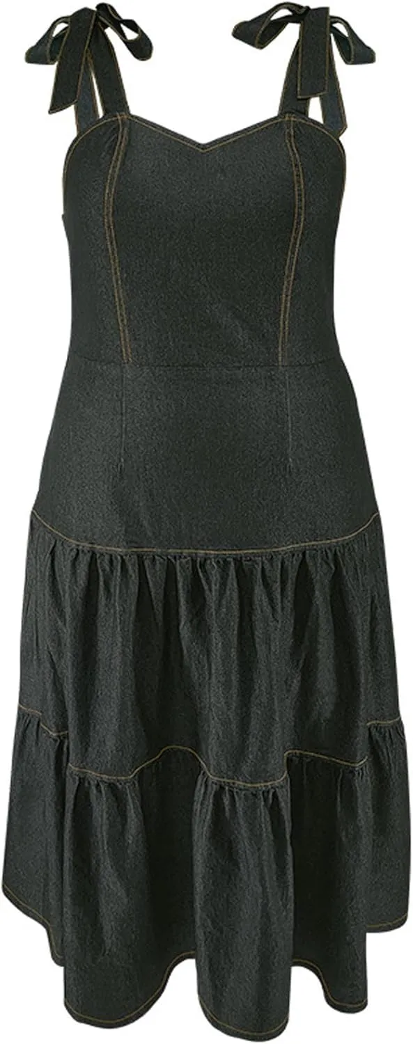 Sexyshine Women's Spaghetti Strap Plus Size Denim Dress Tie Knot Sleeveless A Line Ruffle Layered Maxi Dress Jeans Dresses